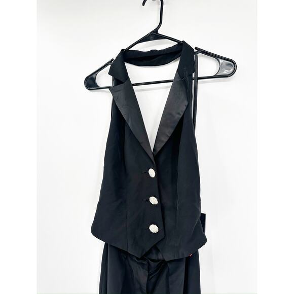 Mac Duggal 2643 Jet Black Tuxedo Halter Sleeveless Wide Leg Jumpsuit Size 2 NWT - Picture 4 of 6